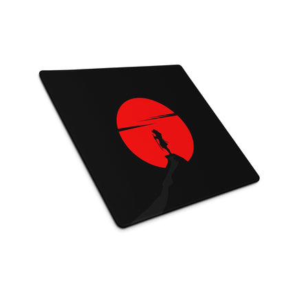 Black gaming mousepad with red sun silhouette on cliff, large non-slip stitched