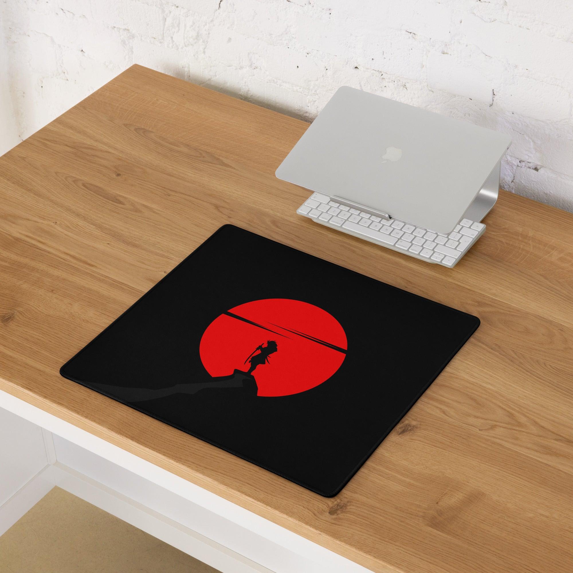 Large black gaming mousepad with red sun silhouette on cliff, non-slip base