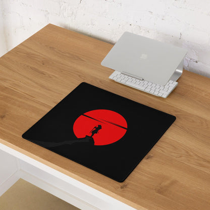 Large black gaming mousepad with red sun silhouette on cliff, non-slip base