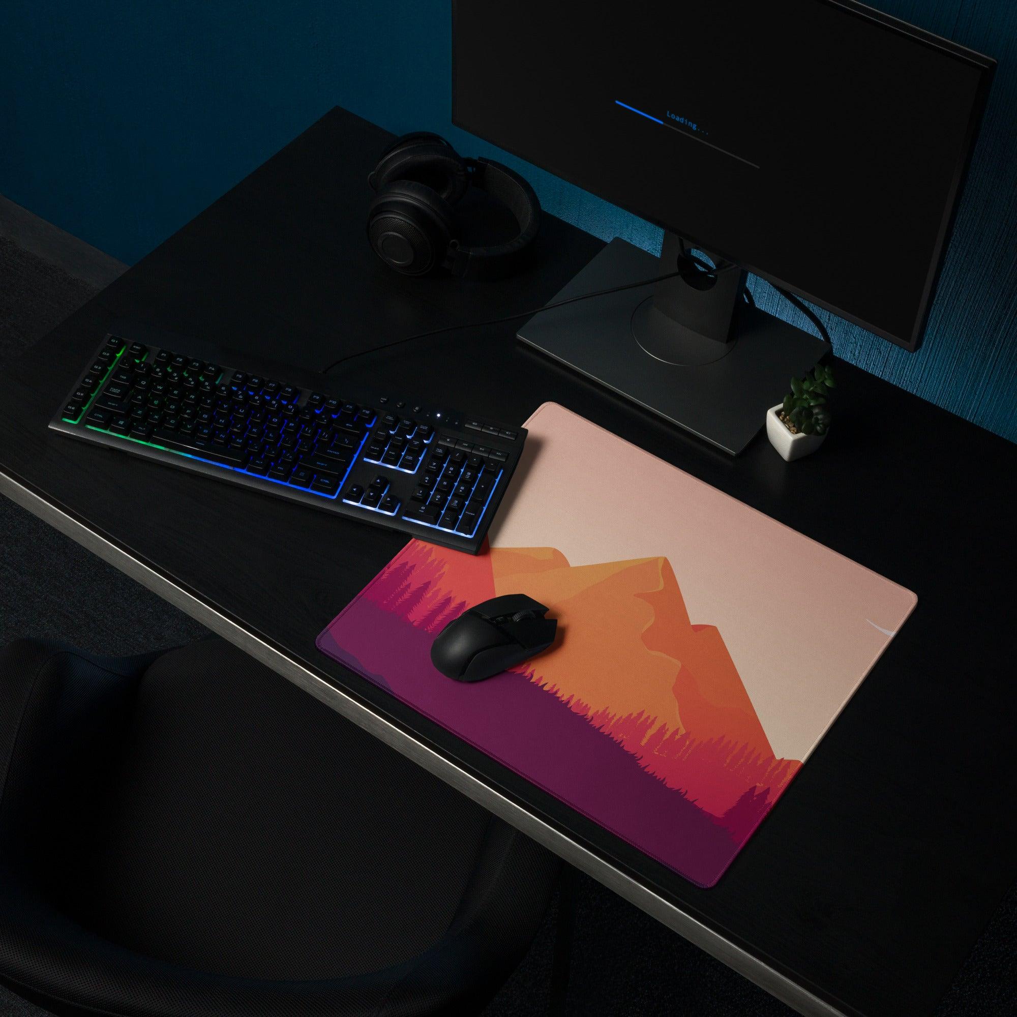Sunset Mountain gradient gaming mouse pad with orange purple mountains, non-slip backing