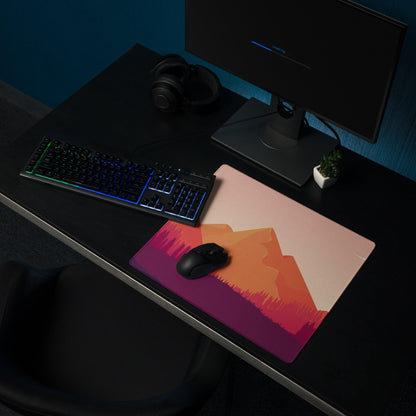 Sunset Mountain gradient gaming mouse pad with orange purple mountains, non-slip backing