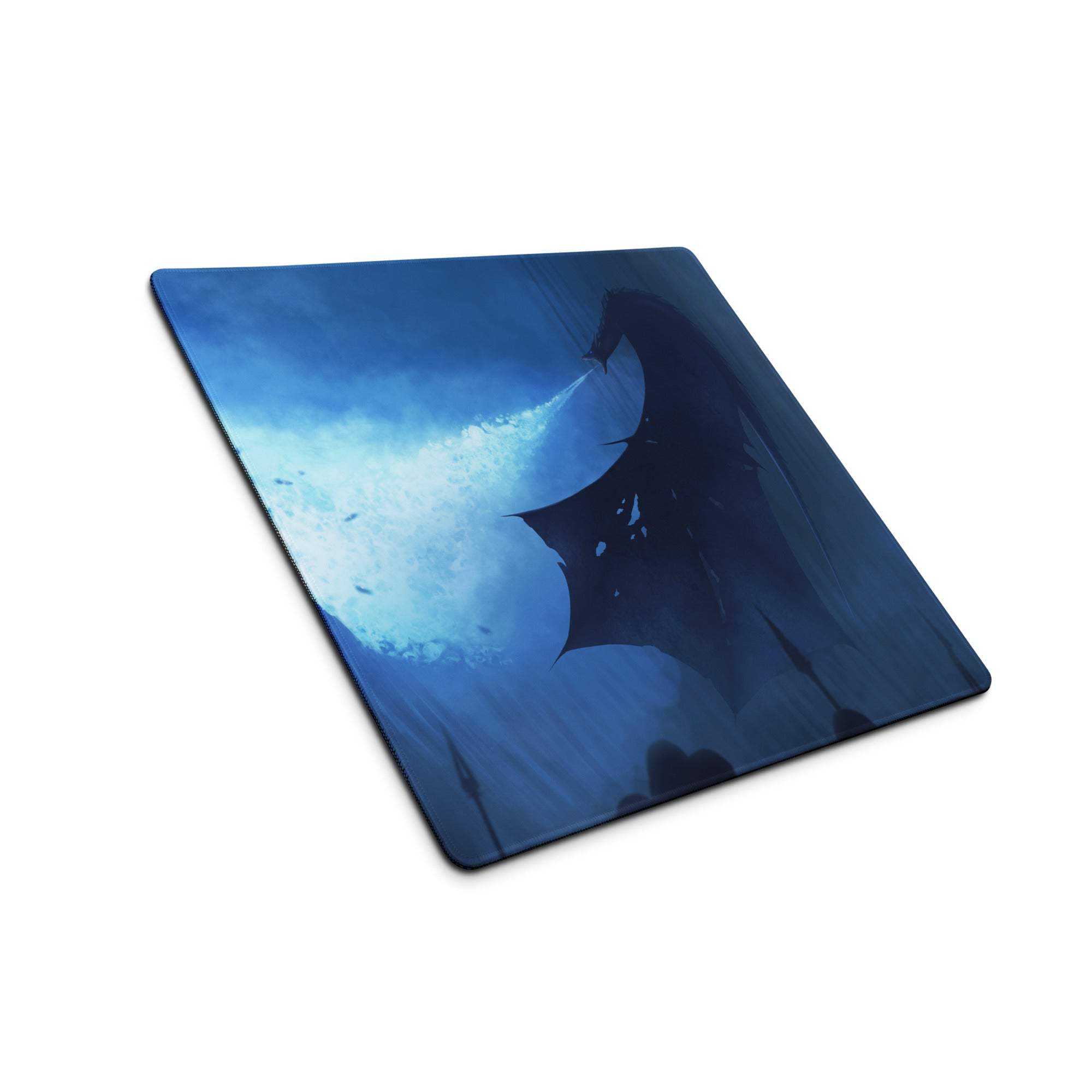 Blue dragon nightfall gaming mouse pad with silhouette on cloudy sky