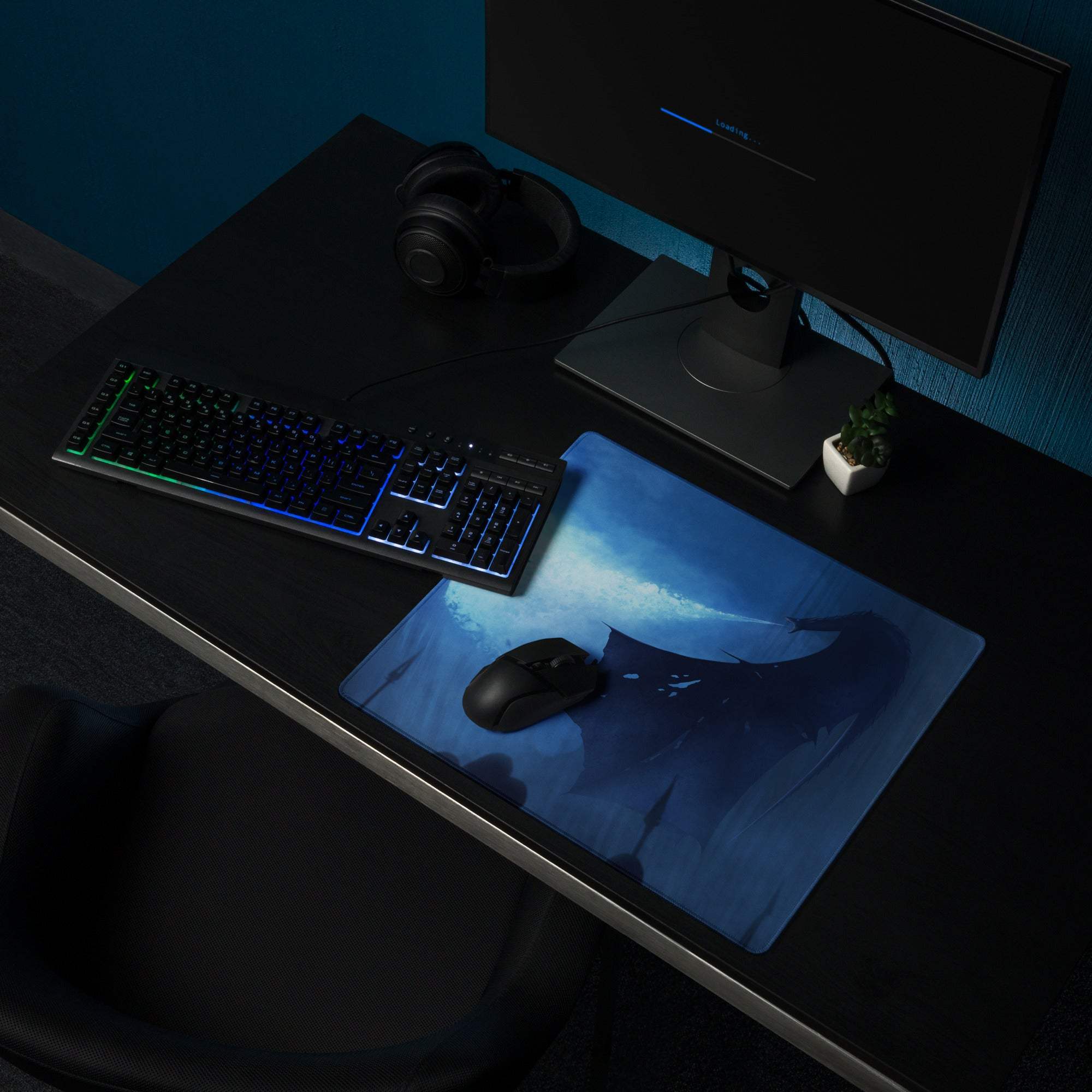 Blue Epic Fantasy Dragon Nightfall gaming mouse pad with large surface