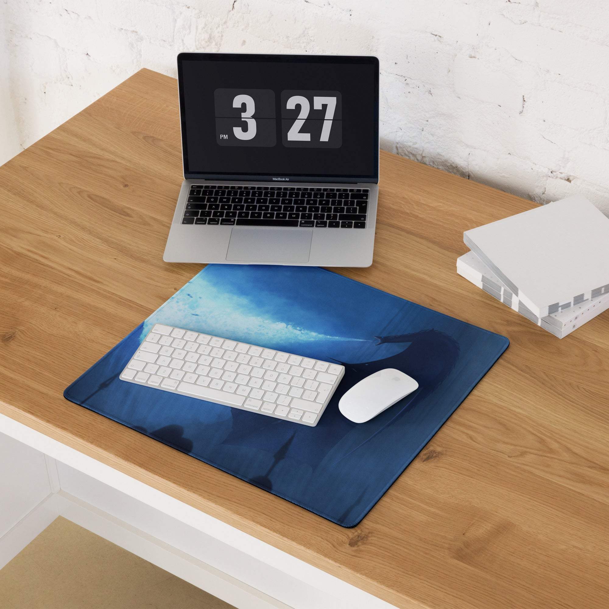 Epic fantasy blue dragon nightfall gaming mousepad with keyboard and mouse