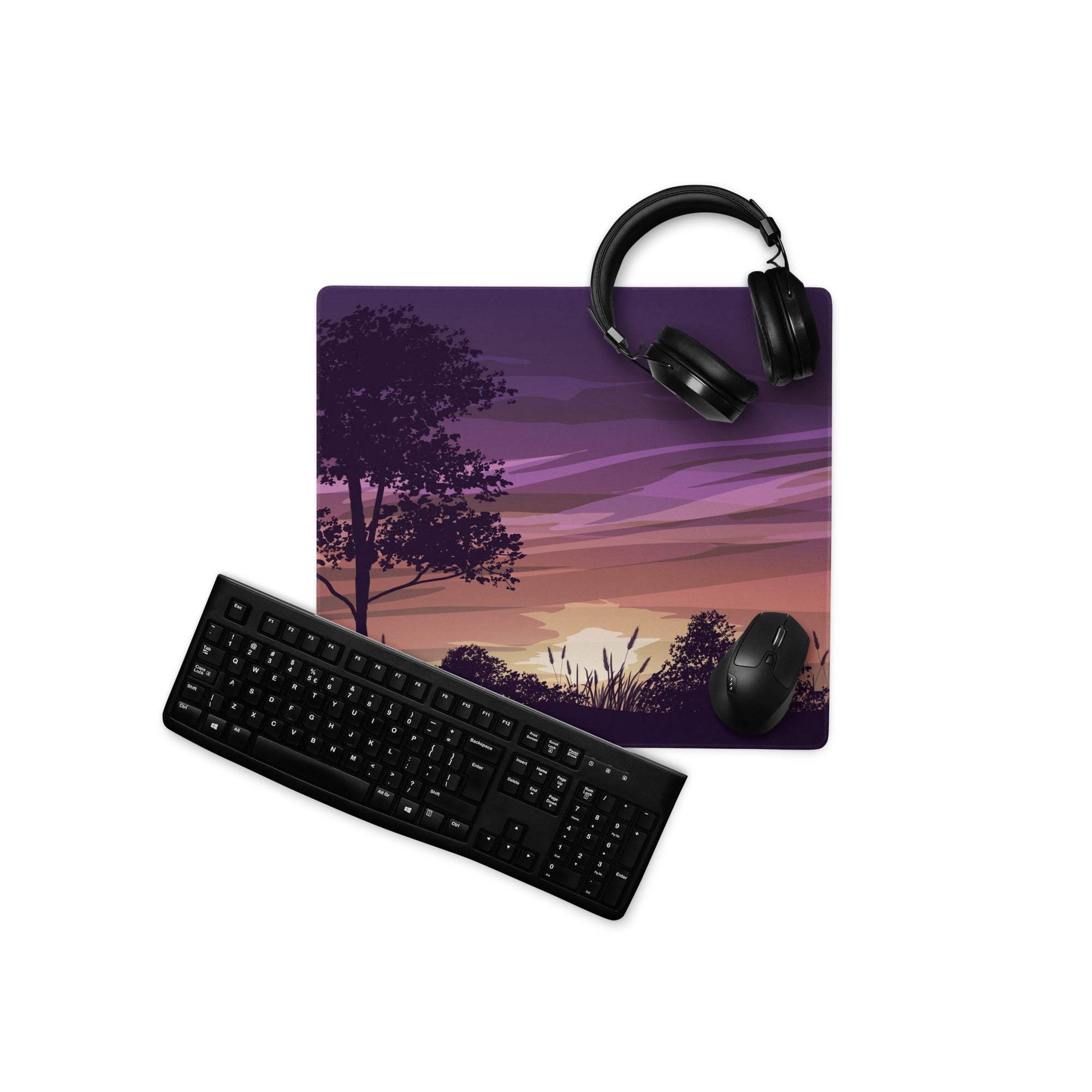 Purple pink sunset tree silhouette large gaming mouse pad