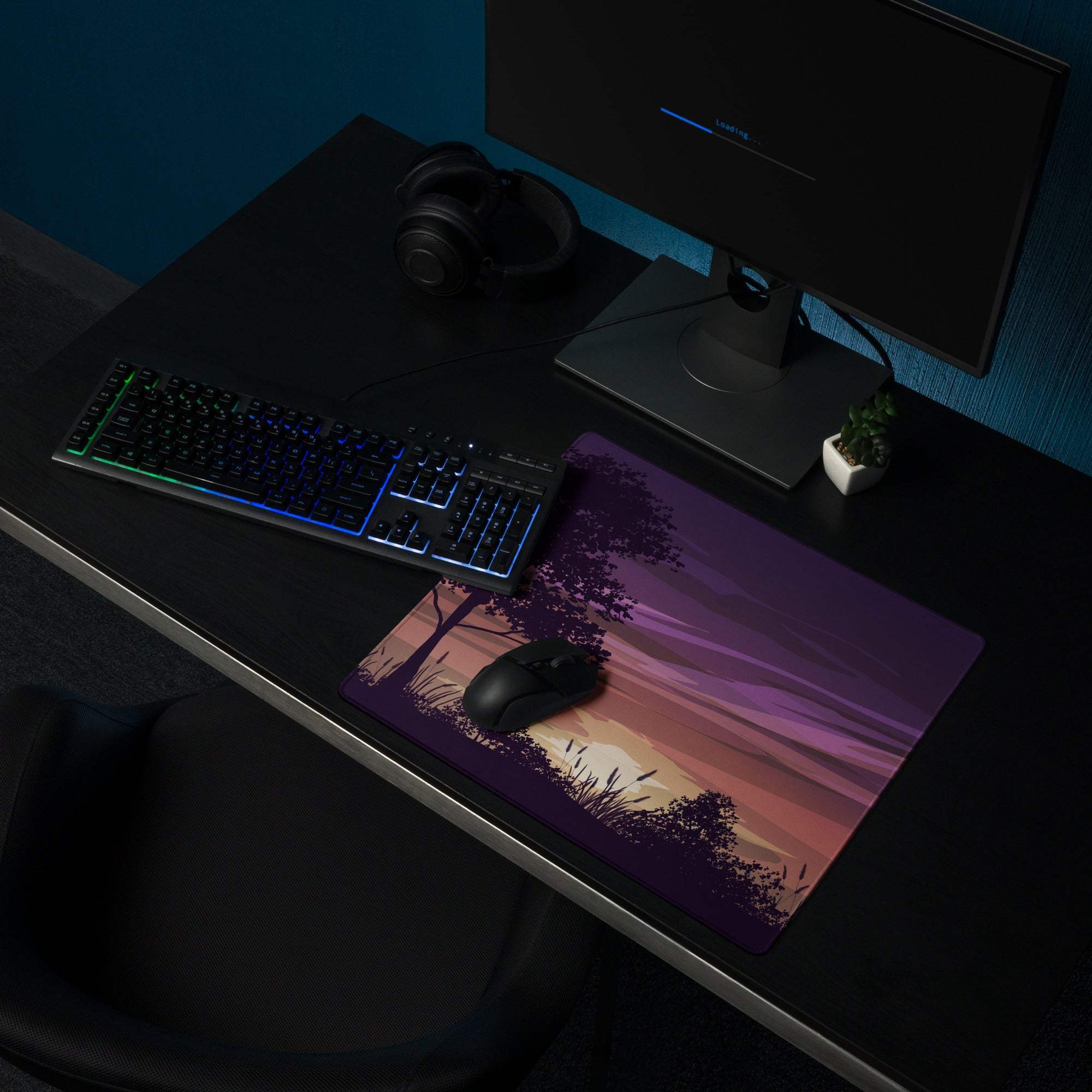 Purple pink gradient sunset silhouette tree grass large gaming mousepad