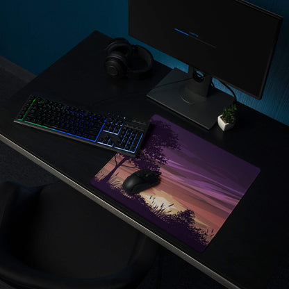 Purple pink gradient sunset silhouette tree grass large gaming mousepad
