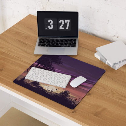 Sunset Silhouette Purple Mood large gaming mousepad with pink purple gradient landscape and tree silhouettes