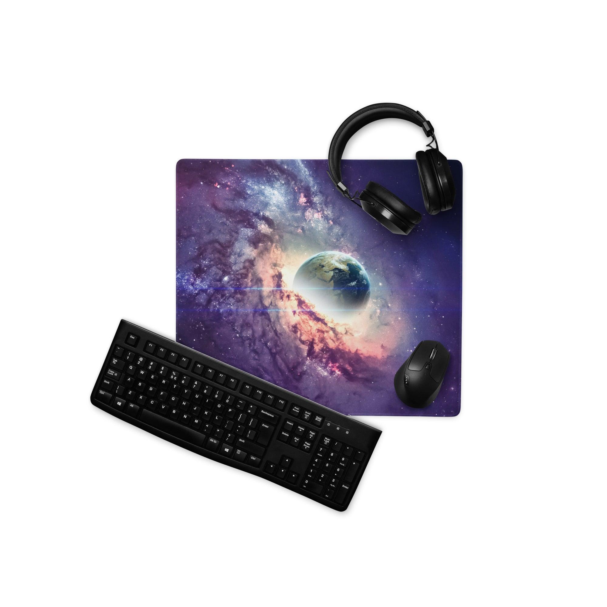 Large cosmic galaxy mouse pad with swirling purple pink blue nebulae around Earth