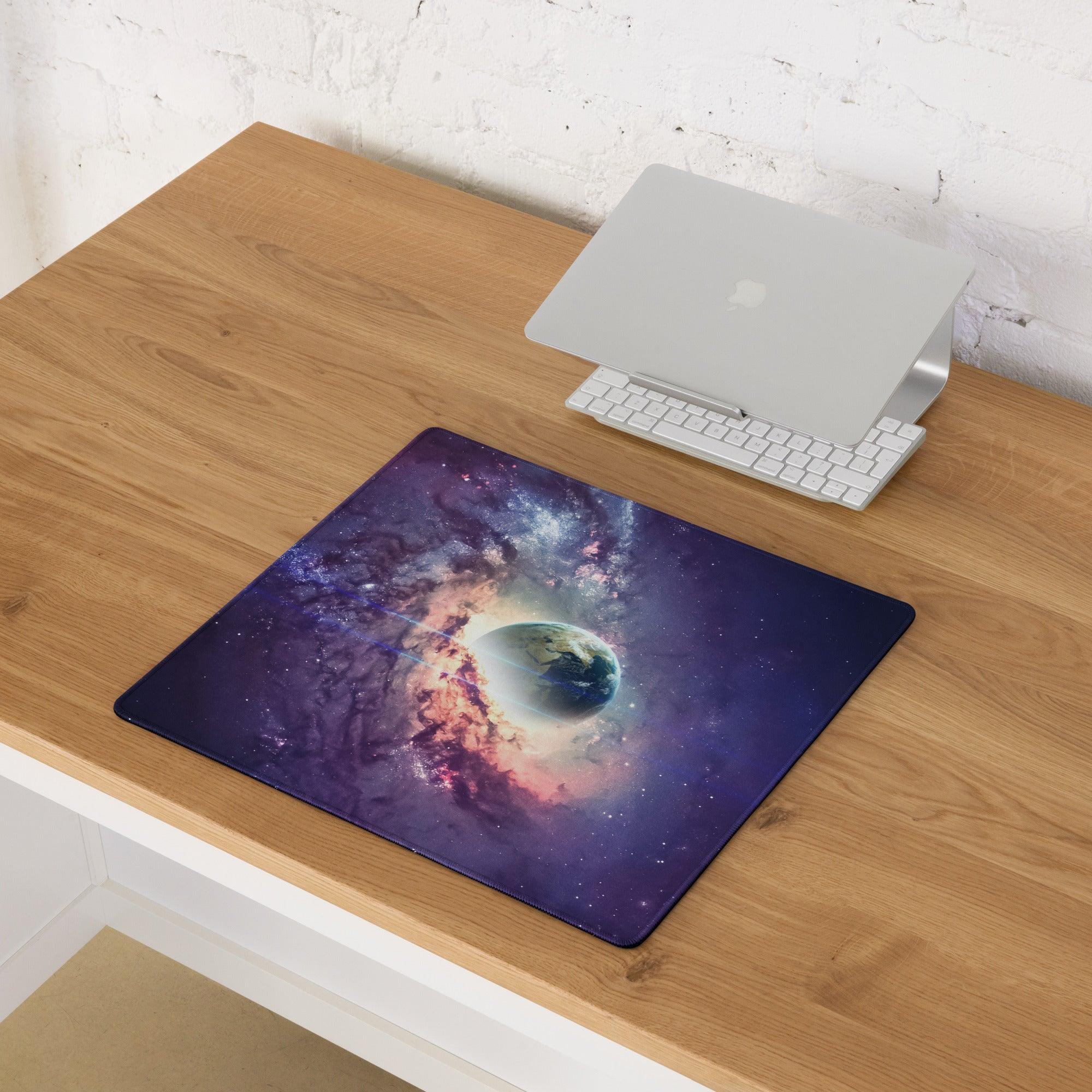 Large cosmic galaxy mouse pad with earth, nebulae, purple pink space design