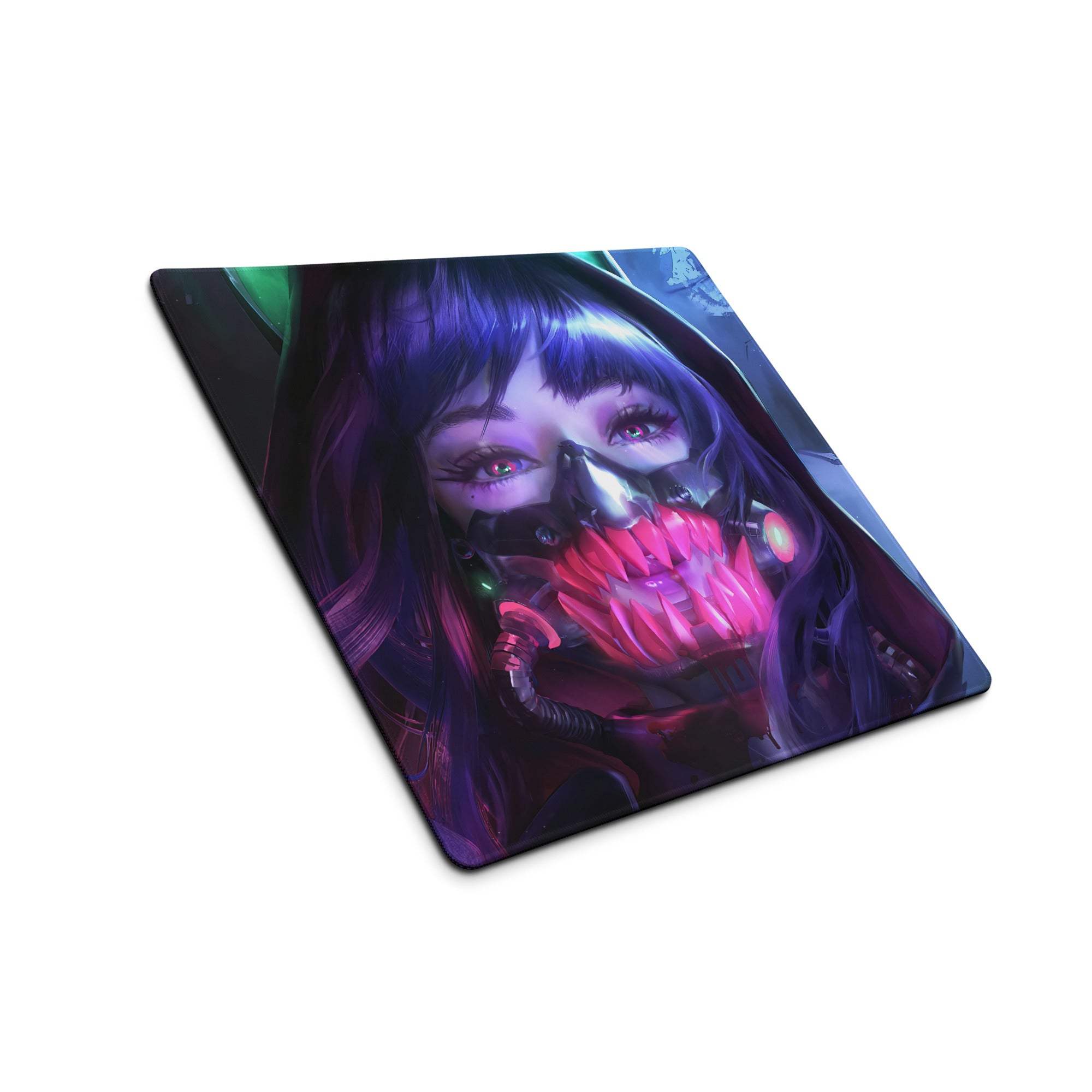 Cyberpunk neon purple portrait gaming mouse pad with character, purple hair, red teeth