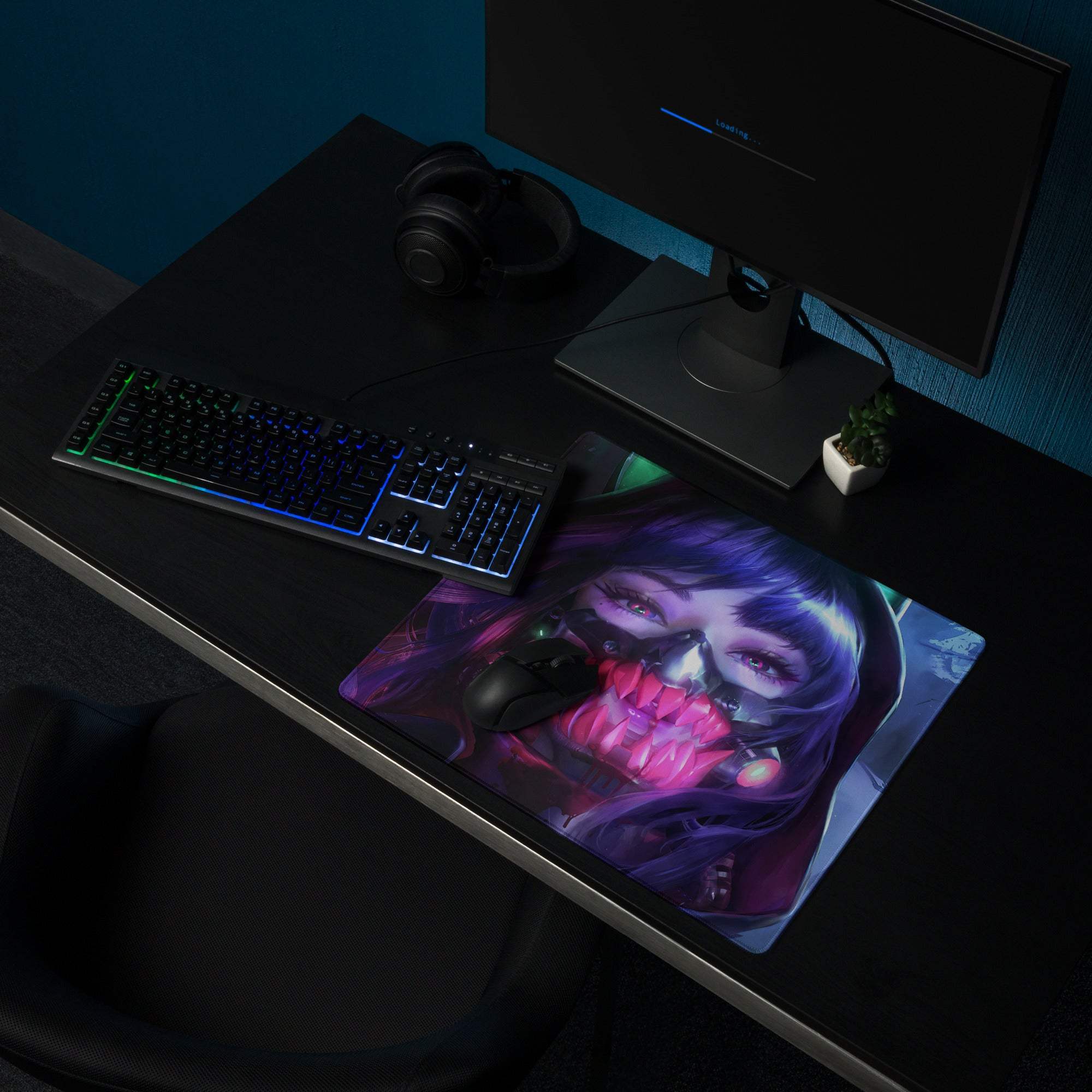 Cyberpunk neon purple portrait gaming mouse pad with purple hair character