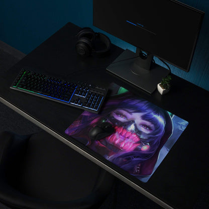 Cyberpunk neon purple portrait gaming mouse pad with purple hair character