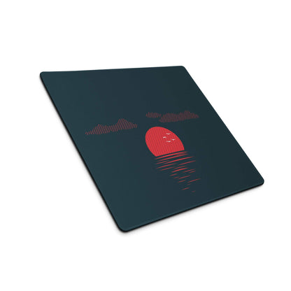 Dark navy large gaming mouse pad with smiling red sun sunset design