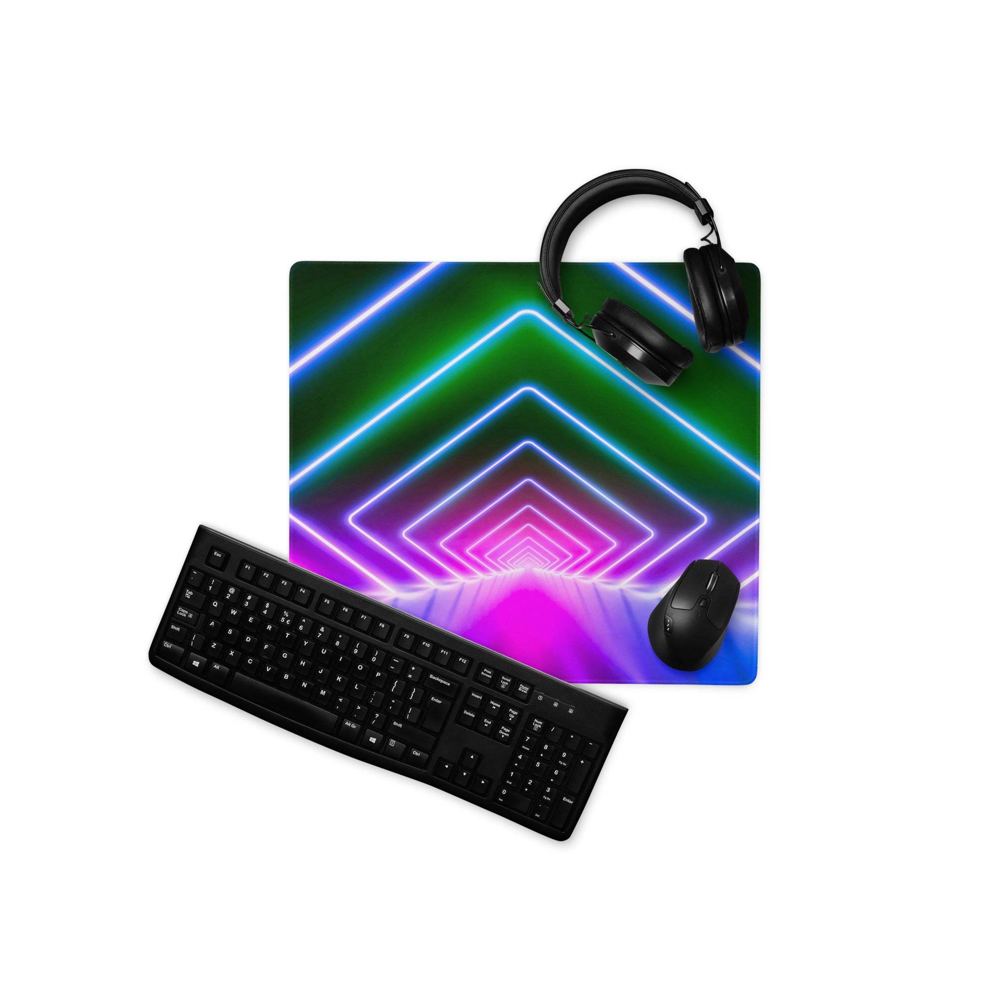 Neon geometric tunnel RGB gaming mouse pad with non-slip backing