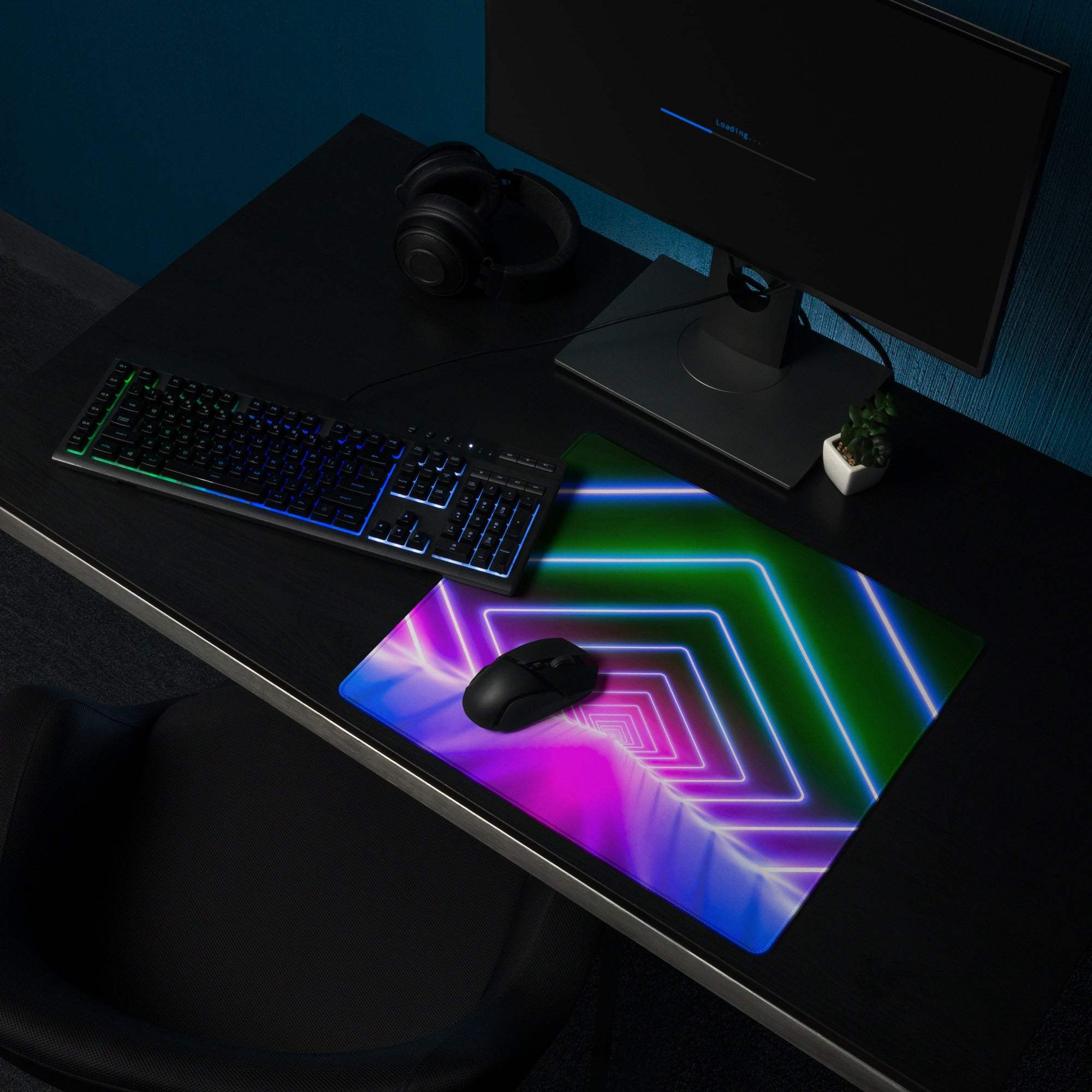 Neon geometric tunnel RGB gaming mouse pad with non-slip backing