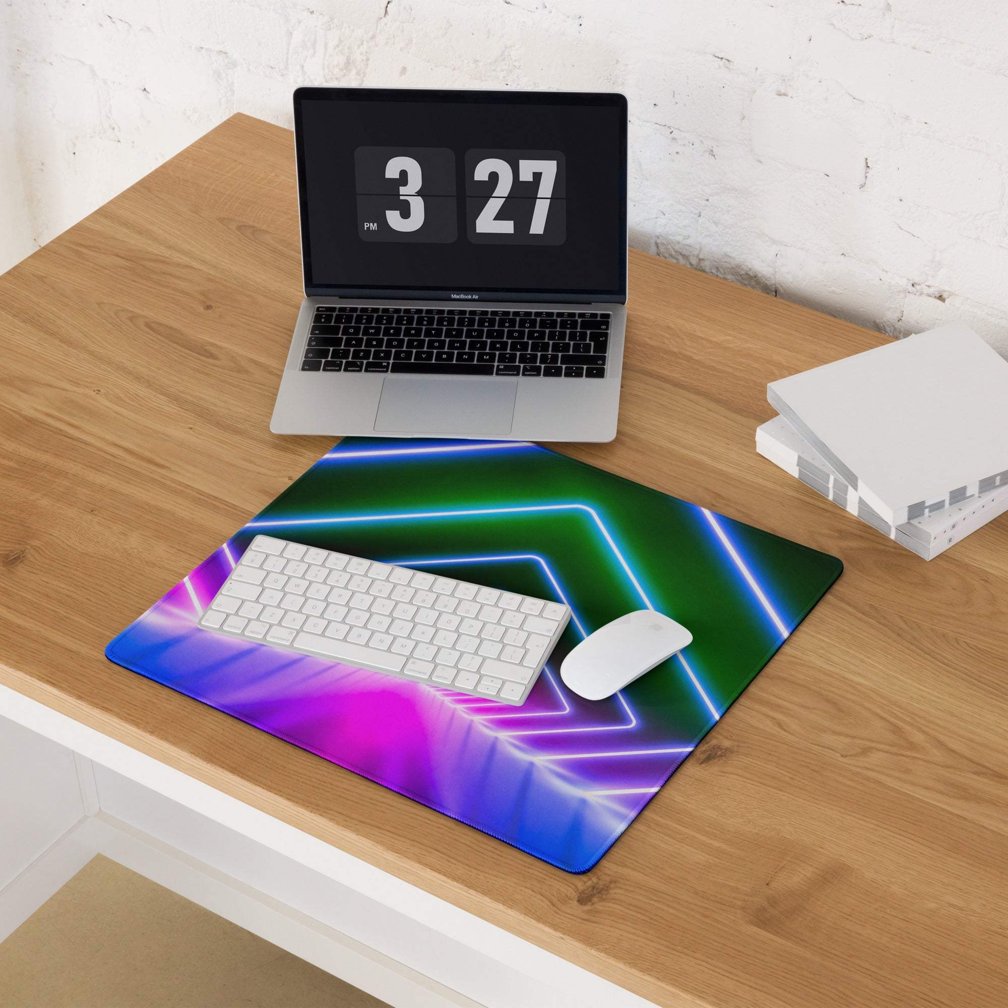 Vibrant neon geometric tunnel RGB gaming mousepad with glossy finish