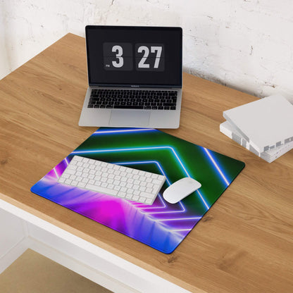 Vibrant neon geometric tunnel RGB gaming mousepad with glossy finish