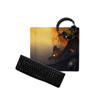 Black dragon rider gaming mouse pad with orange sunset and non-slip base