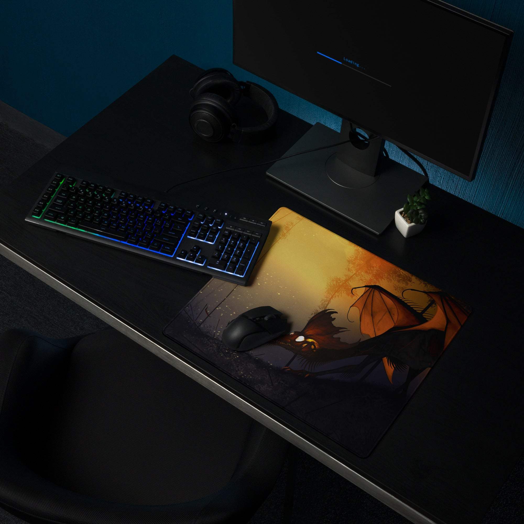 Stylized orange black dragon sunset gaming mouse pad large non-slip surface
