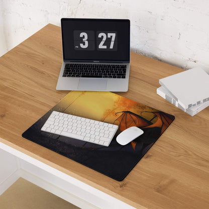 Stylized dragon sunset gaming mouse pad with keyboard and mouse