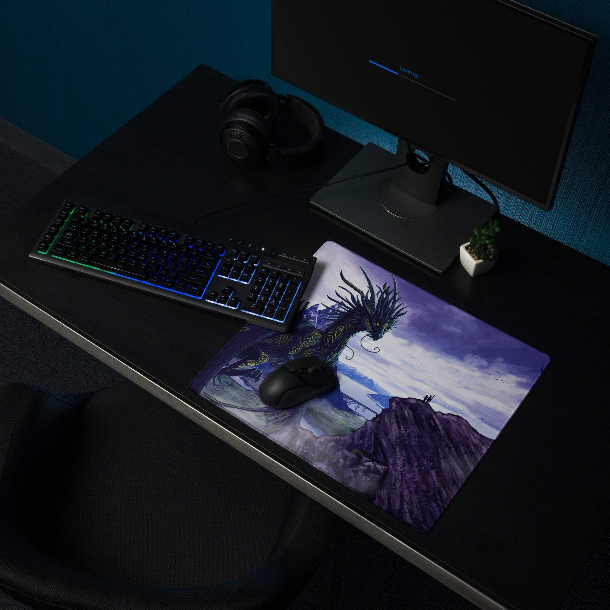 Purple twilight fantasy dragon landscape gaming mouse pad