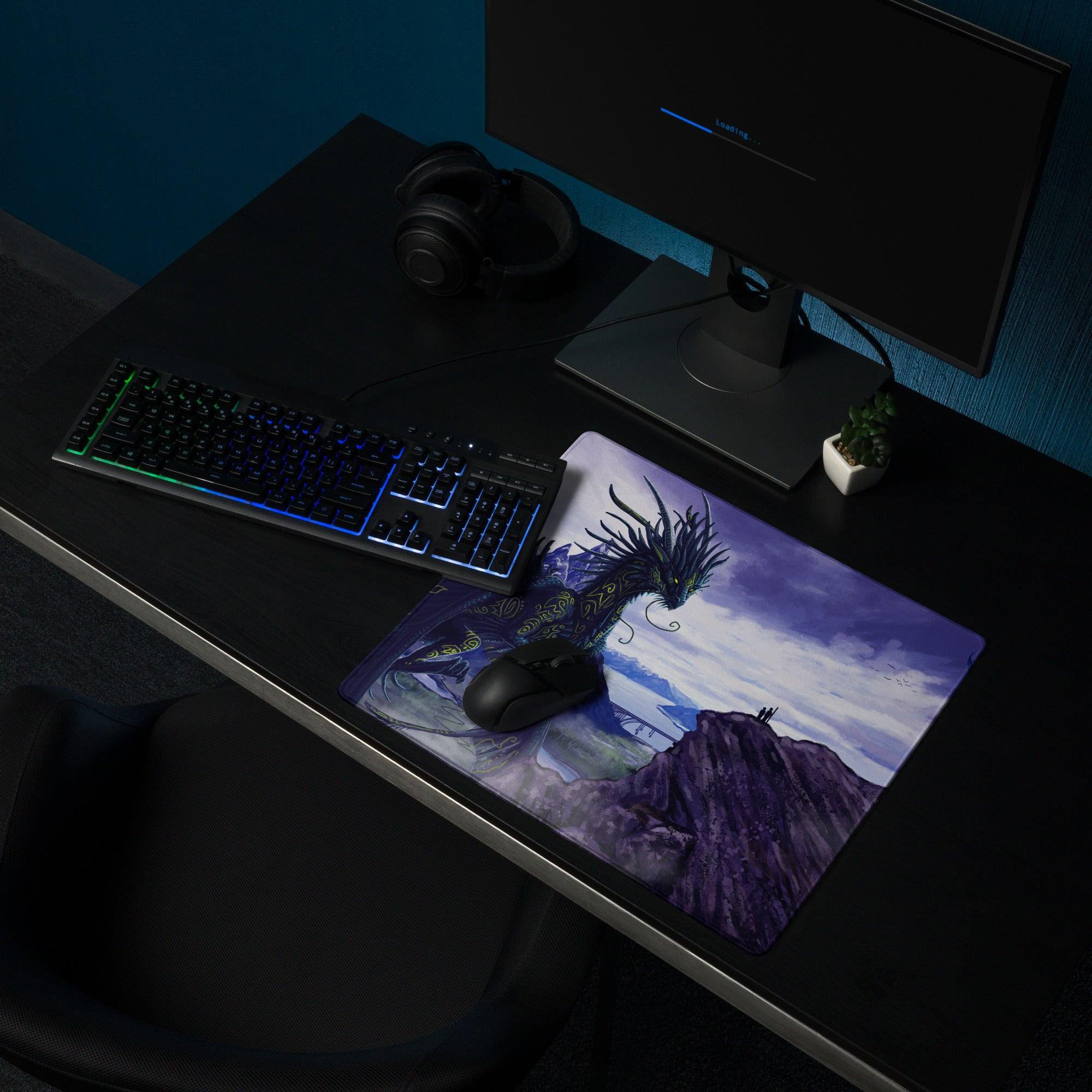 Purple twilight fantasy dragon landscape gaming mouse pad