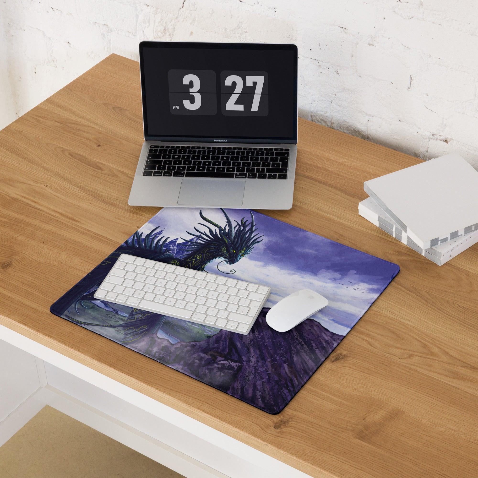 Purple dragon landscape gaming mouse pad with black green dragon cloudy sky