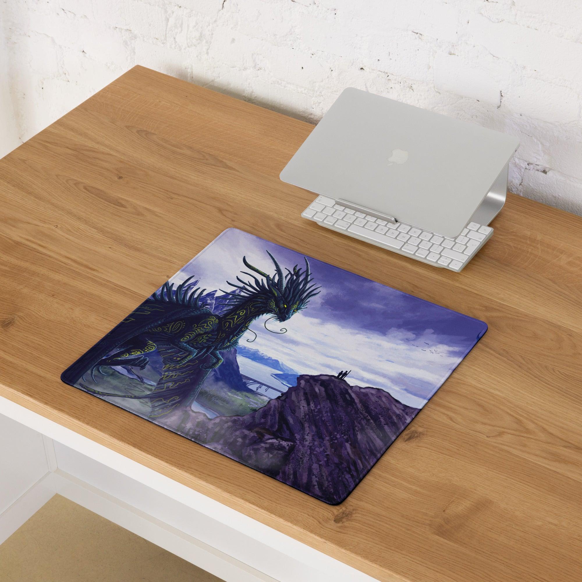 Purple black dragon landscape gaming mousepad with green details