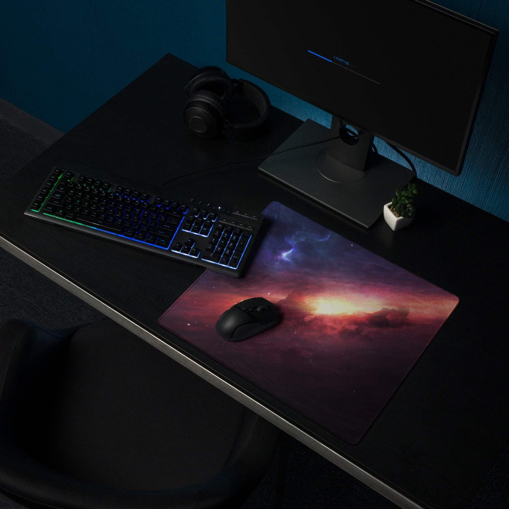 Vibrant cosmic nebula gaming mouse pad with large size edge stitching