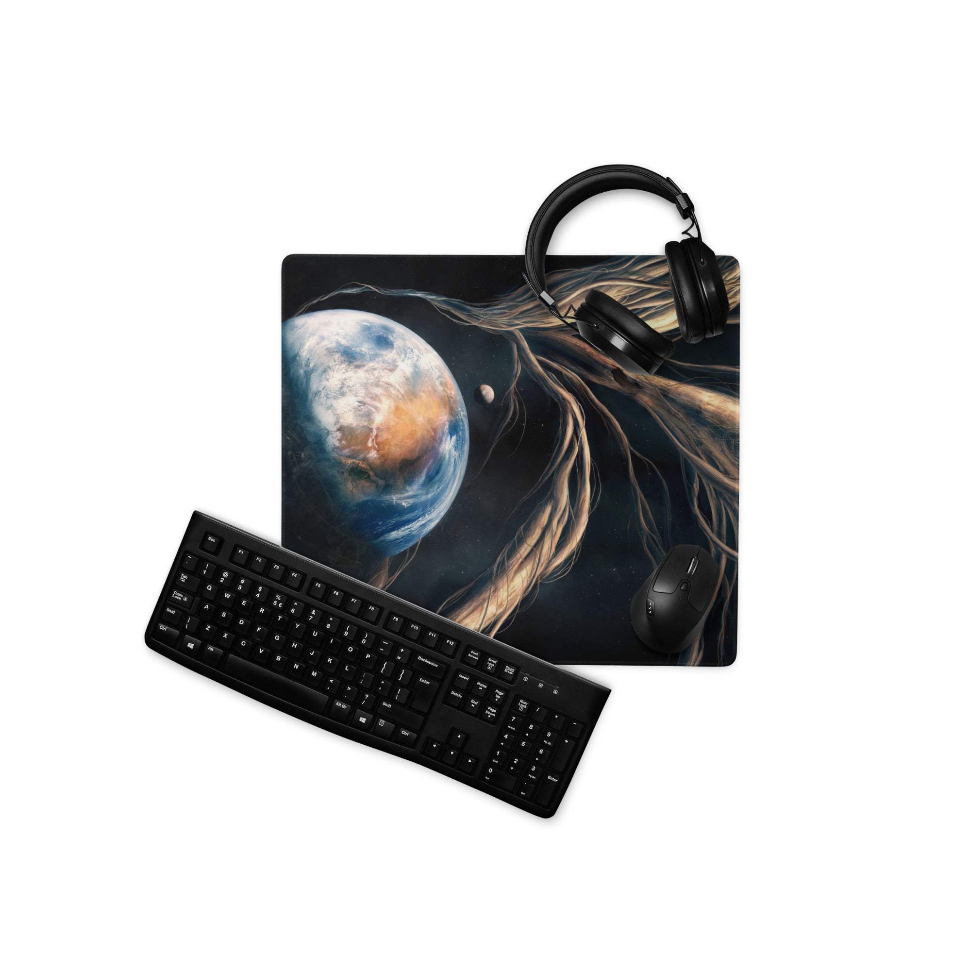 Black cosmic gaming mousepad with Earth, nebula, golden hair design