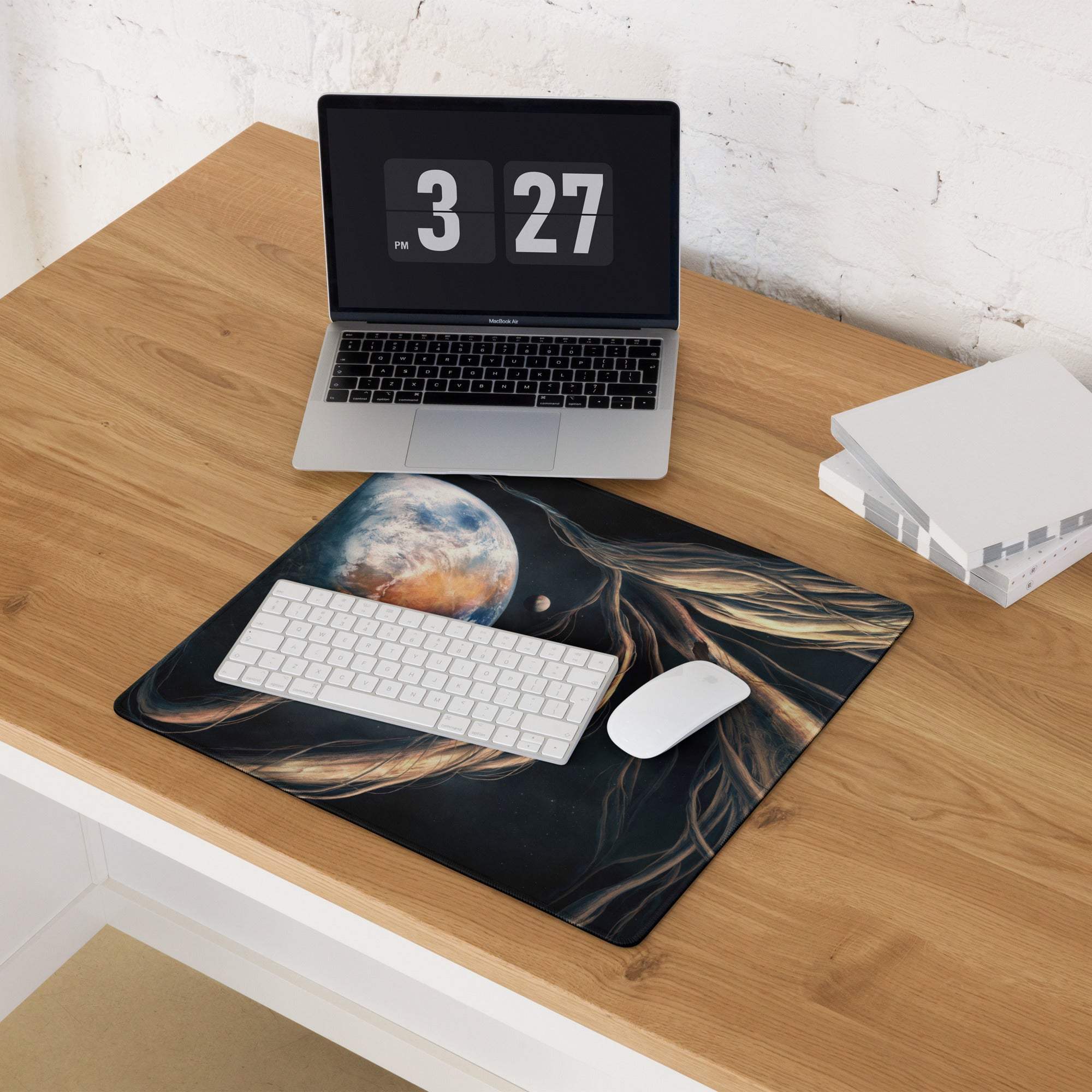 Black cosmic gaming mousepad with Earth, nebula, golden hair, non-slip backing