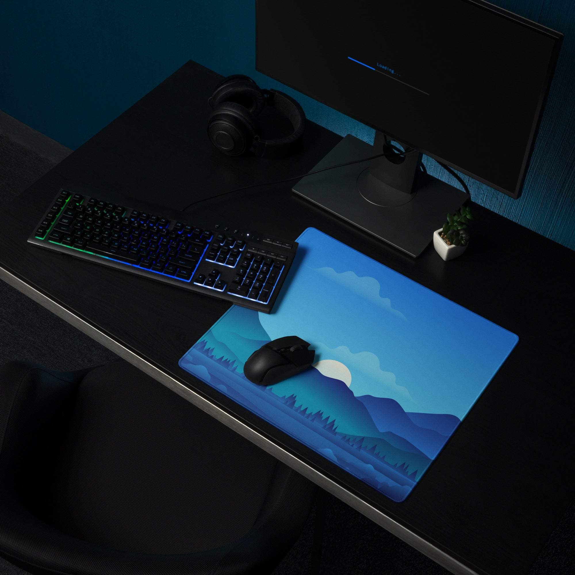 Blue mountain landscape gaming mousepad with full moon, stylized trees, non-slip base