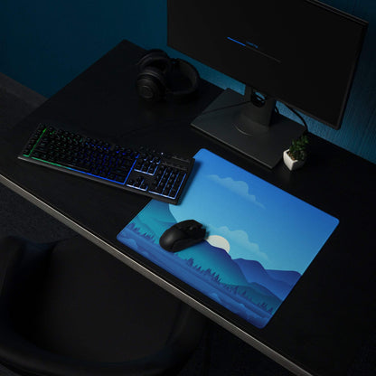 Blue mountain landscape gaming mousepad with full moon, stylized trees, non-slip base