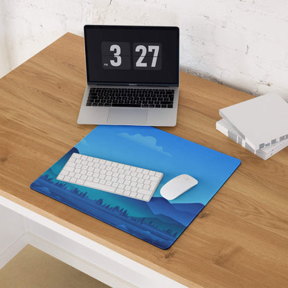 Blue mountain landscape gaming mousepad with white keyboard and mouse