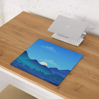 Vibrant blue mountain landscape gaming mouse pad with gradient sky, white sun, large size, non-slip base
