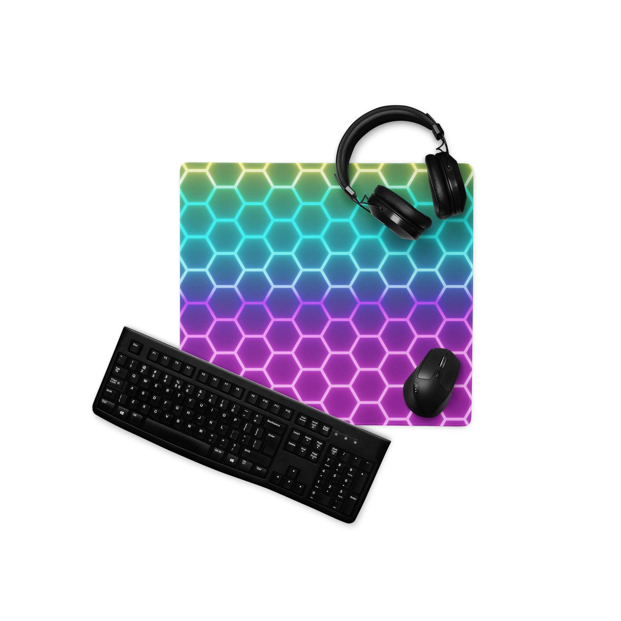 Vibrant RGB rainbow hexagon gaming mouse pad with non-slip base