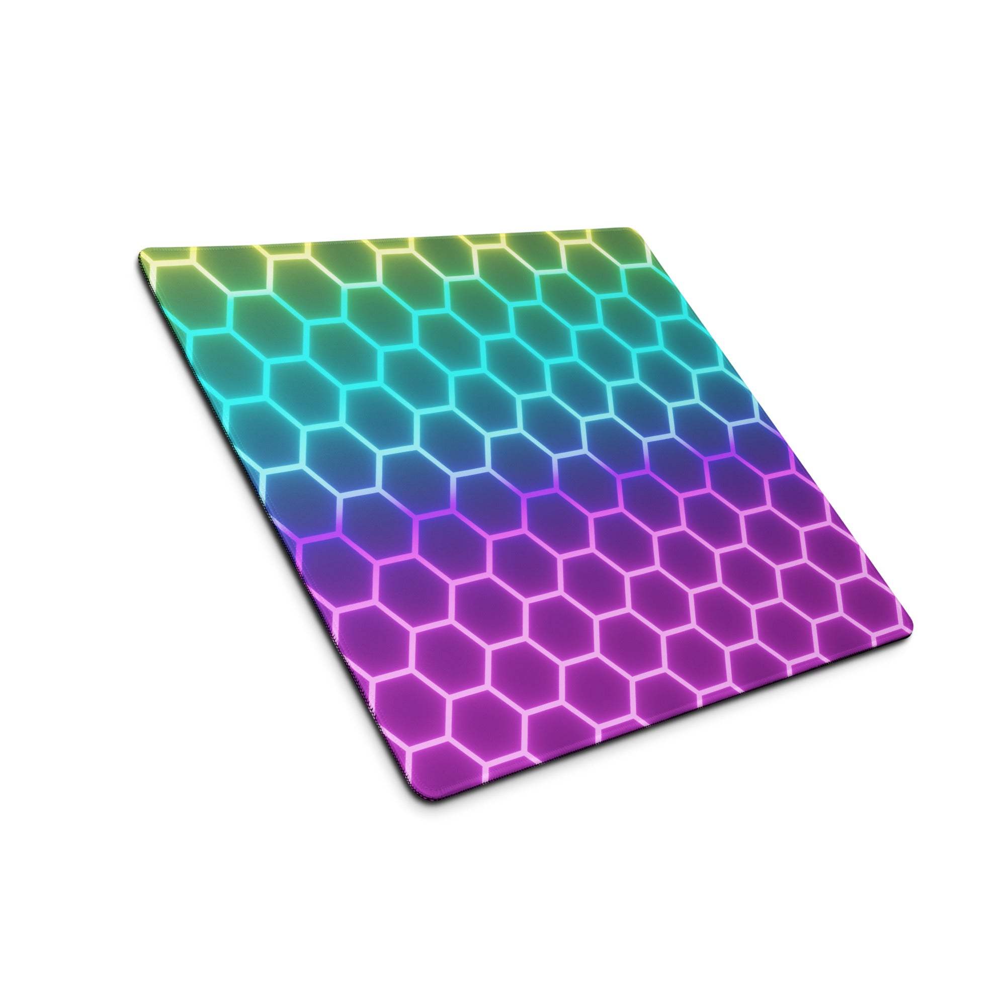 Vibrant RGB gaming mouse pad with rainbow hexagon pattern, large non-slip base