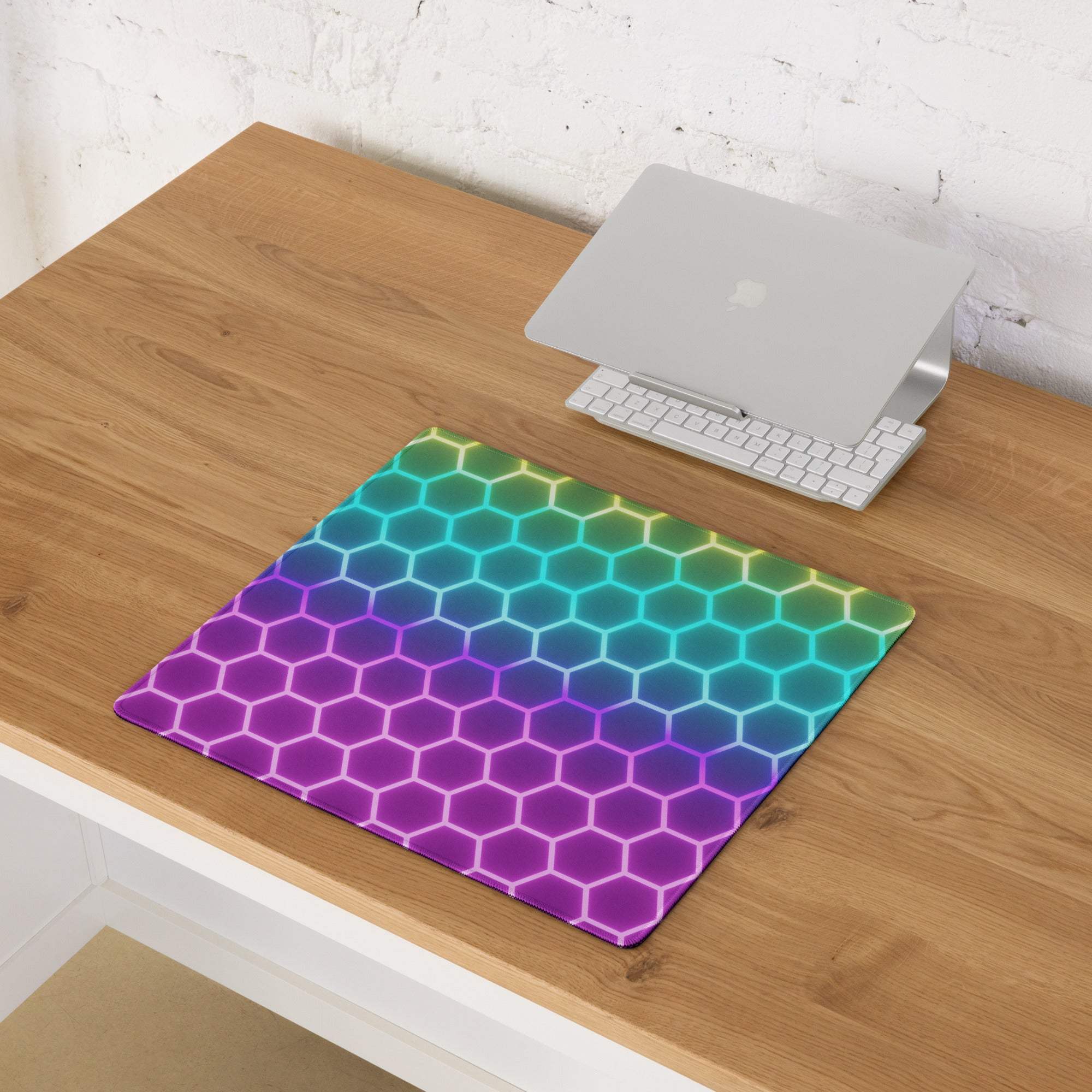 Futuristic rainbow hexagon RGB gaming mouse pad, large non-slip base