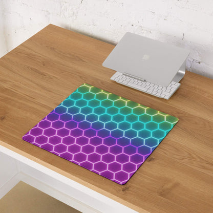 Futuristic rainbow hexagon RGB gaming mouse pad, large non-slip base