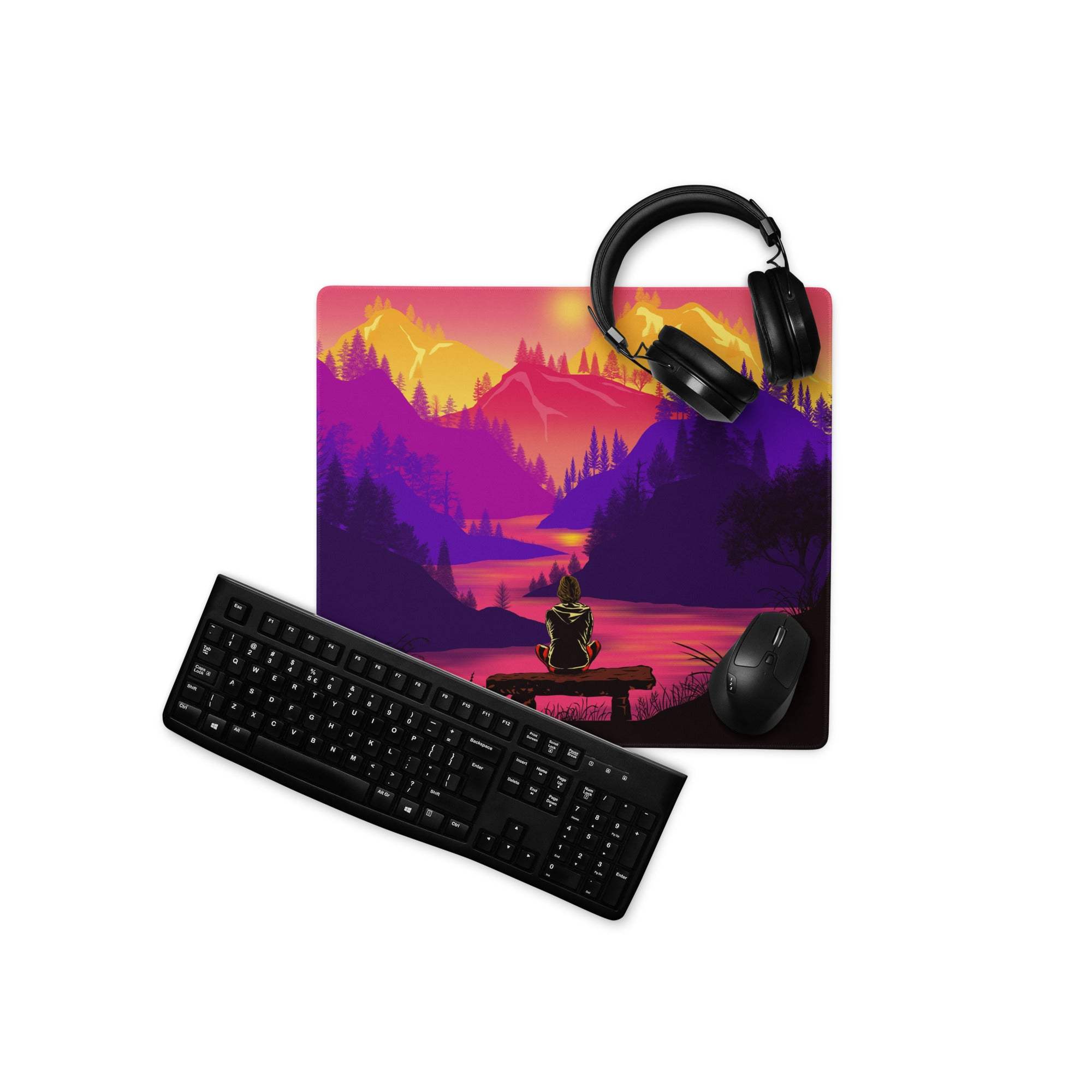 Stylized sunset mountain landscape gaming mouse pad with meditating silhouette