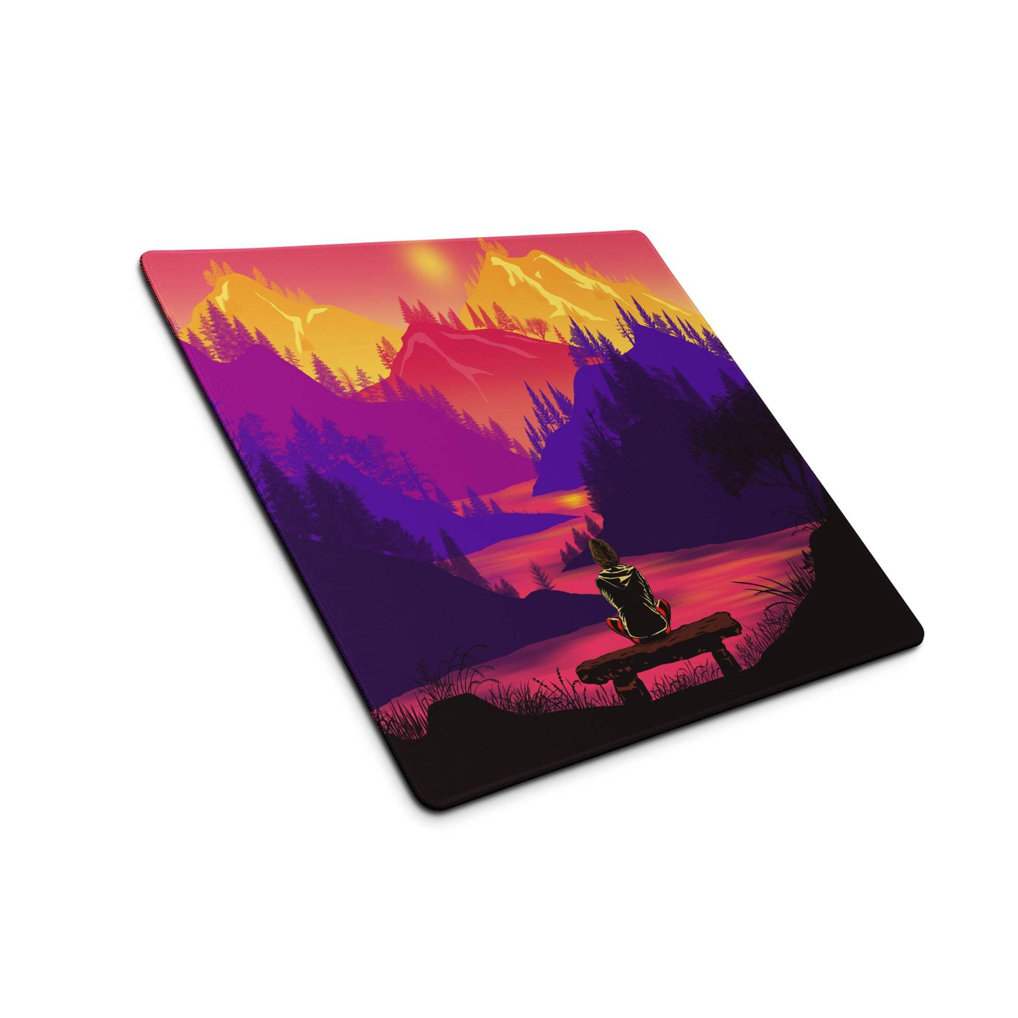 Stylized purple orange pink sunset mountain mouse pad with bench