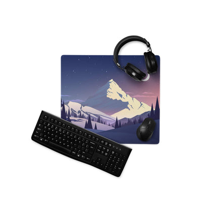 Stylized mountain twilight gaming mouse pad with snow peaks and starry sky
