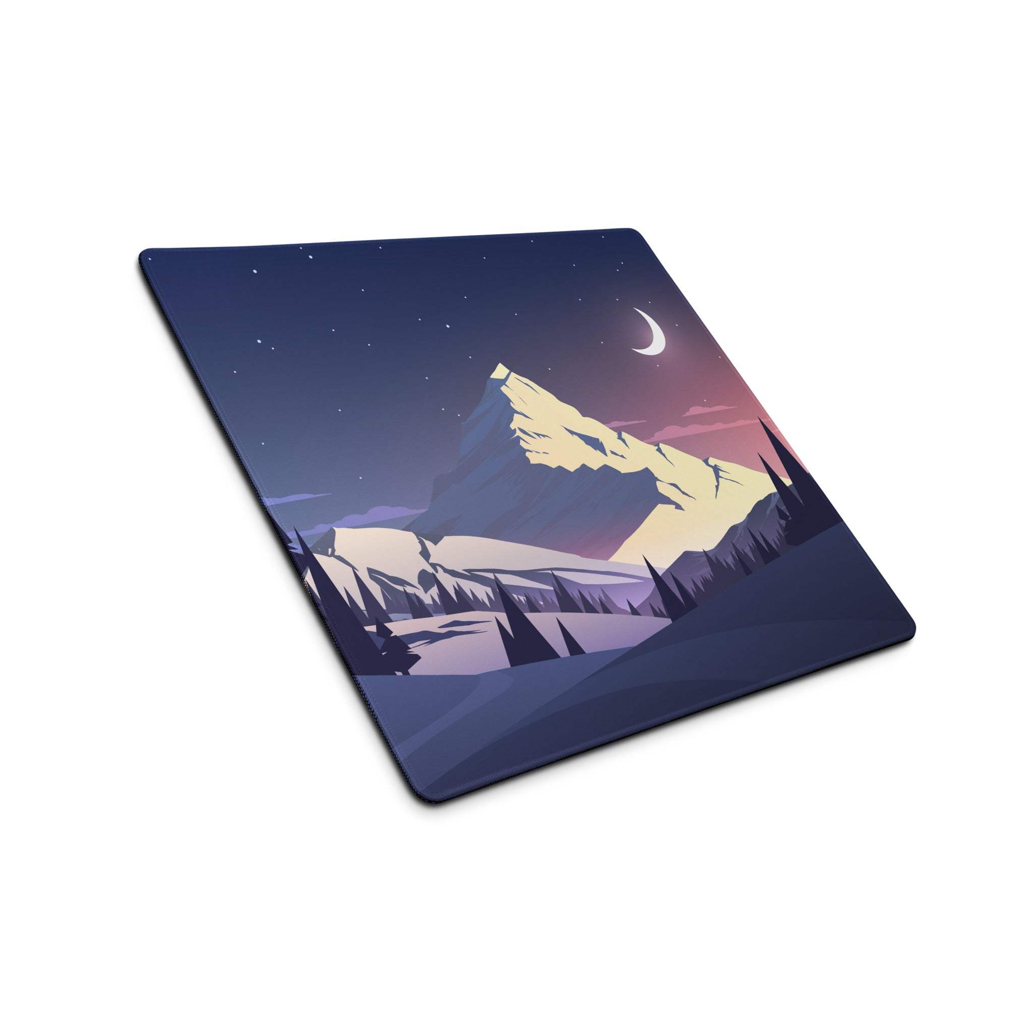 Stylized mountain night twilight gaming mouse pad with starry sky and non-slip base
