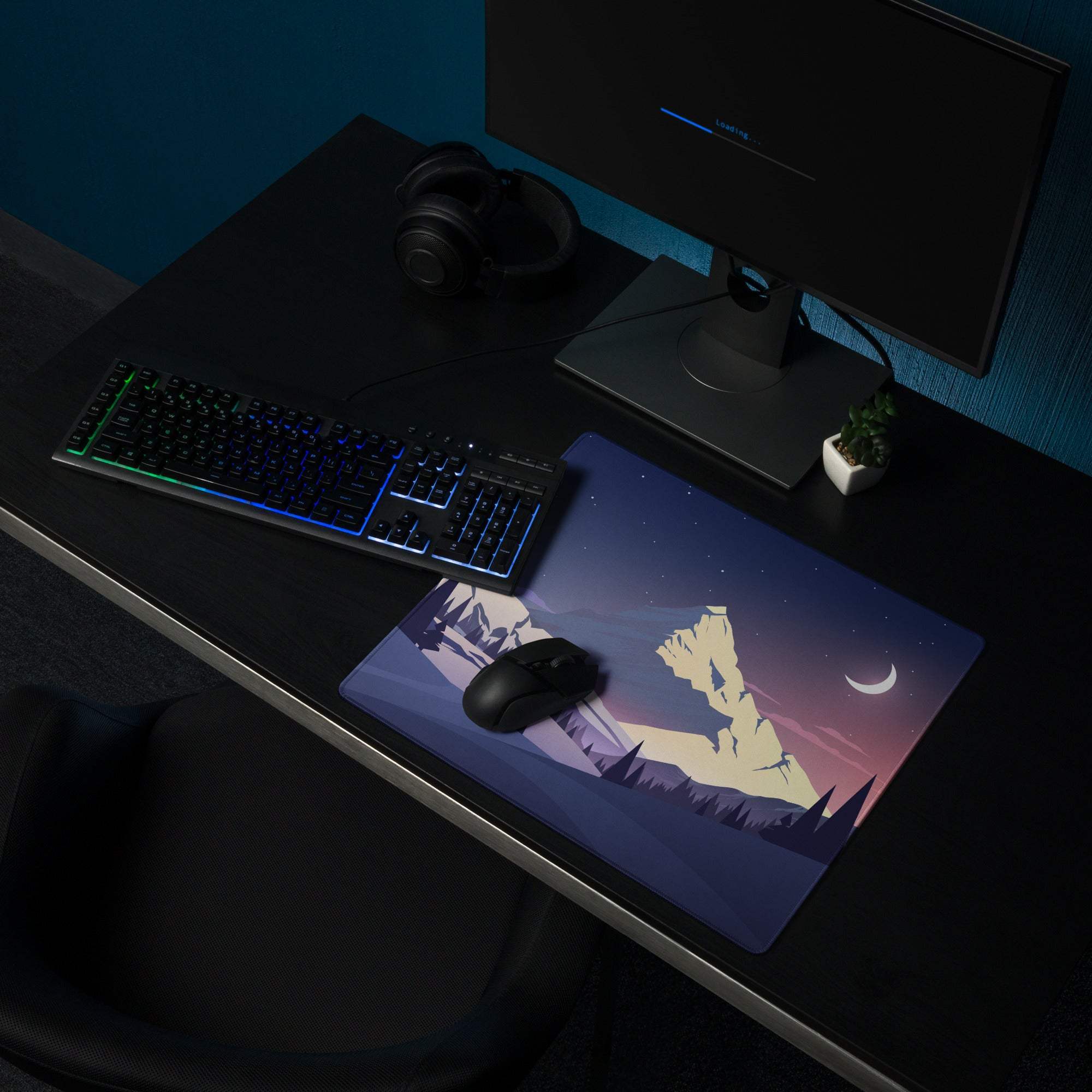 Stylized mountain twilight landscape gaming mouse pad, large non-slip
