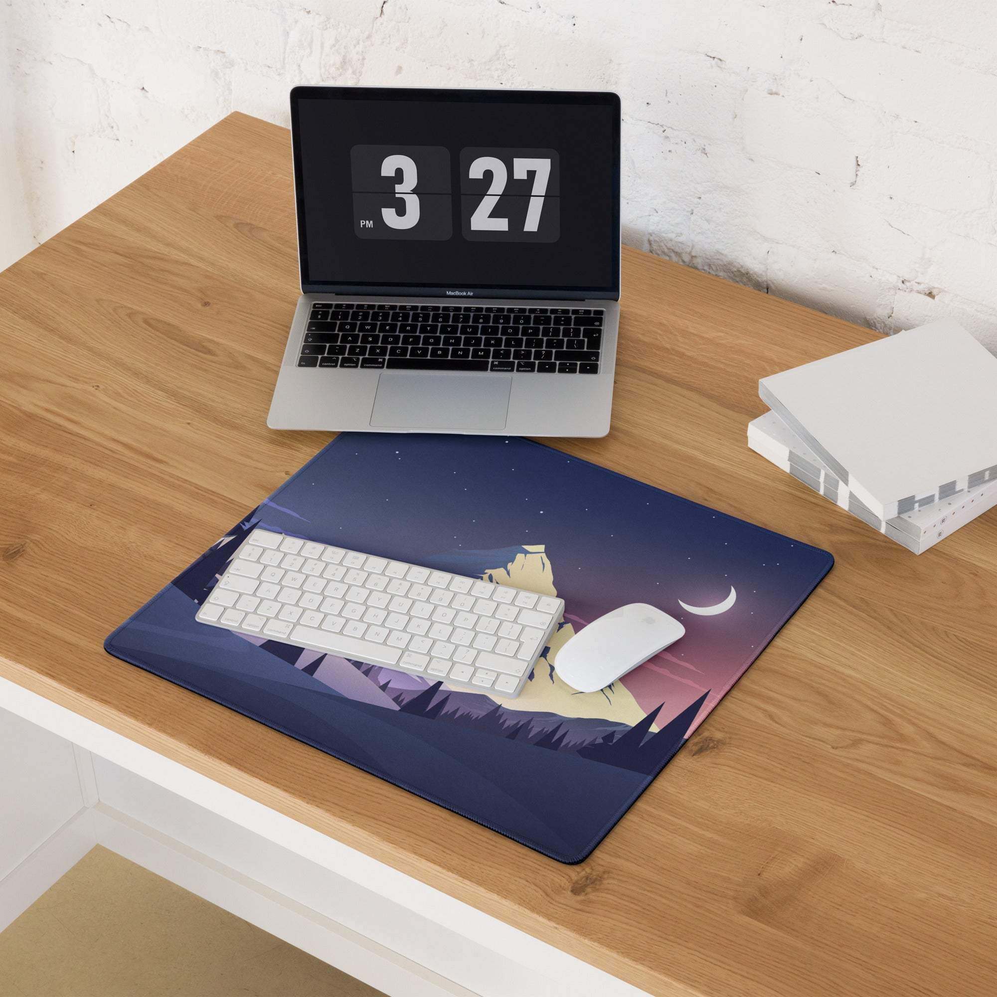 Large stylized mountain night twilight gaming mouse pad with blue peaks, crescent moon, starry sky, non-slip base, white keyboard and mouse