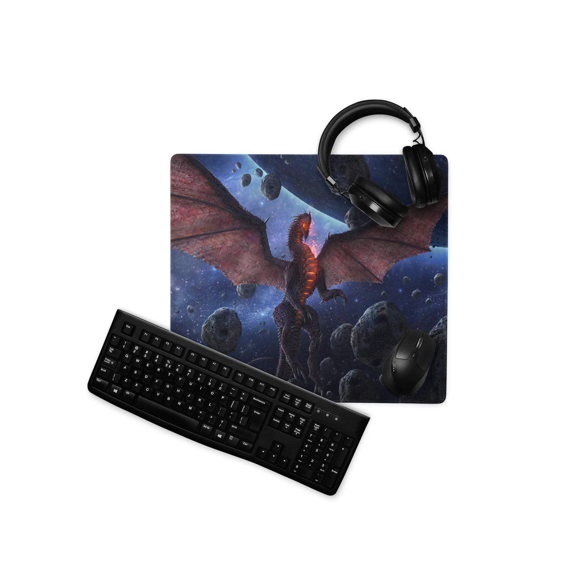Epic Space Dragon gaming mouse pad with red dragon in space, headphones, keyboard