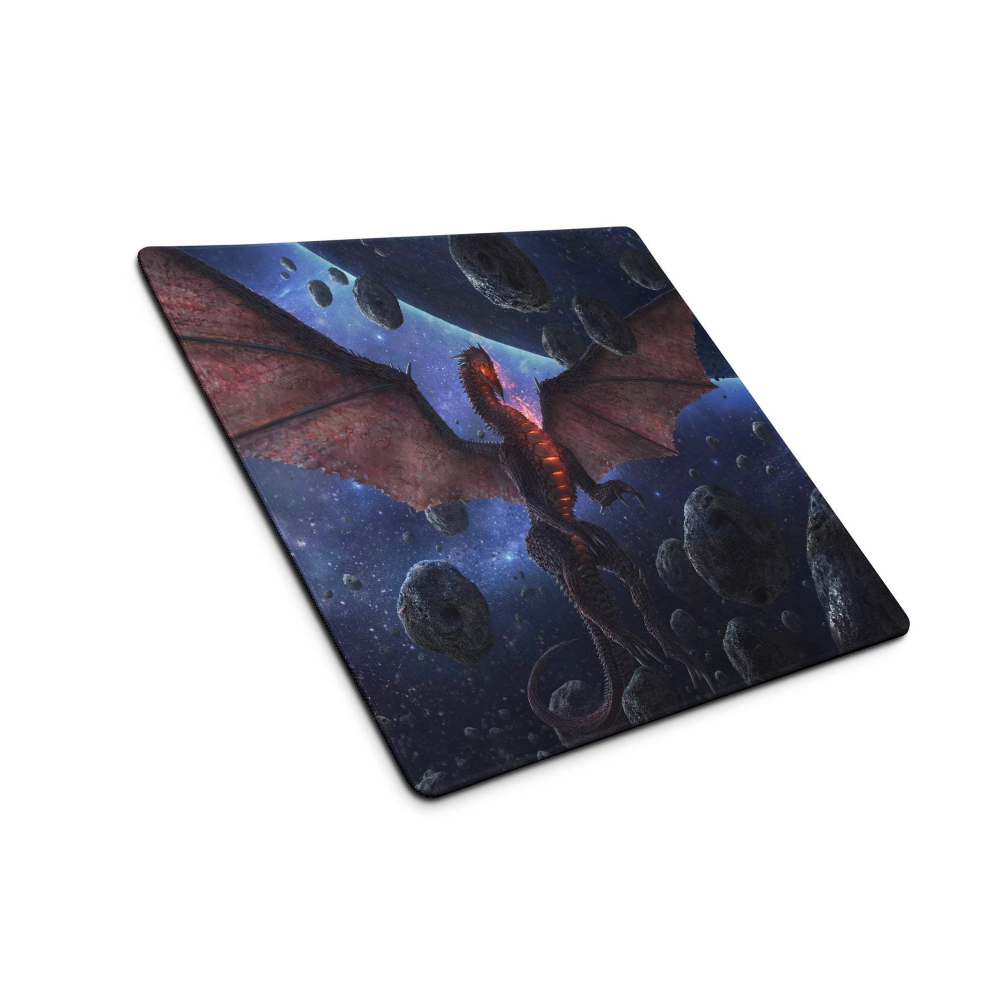 Epic Space Dragon gaming mouse pad with red dragon soaring through cosmic asteroids and stars