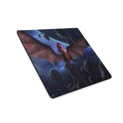 Epic Space Dragon gaming mouse pad with red dragon soaring through cosmic asteroids and stars