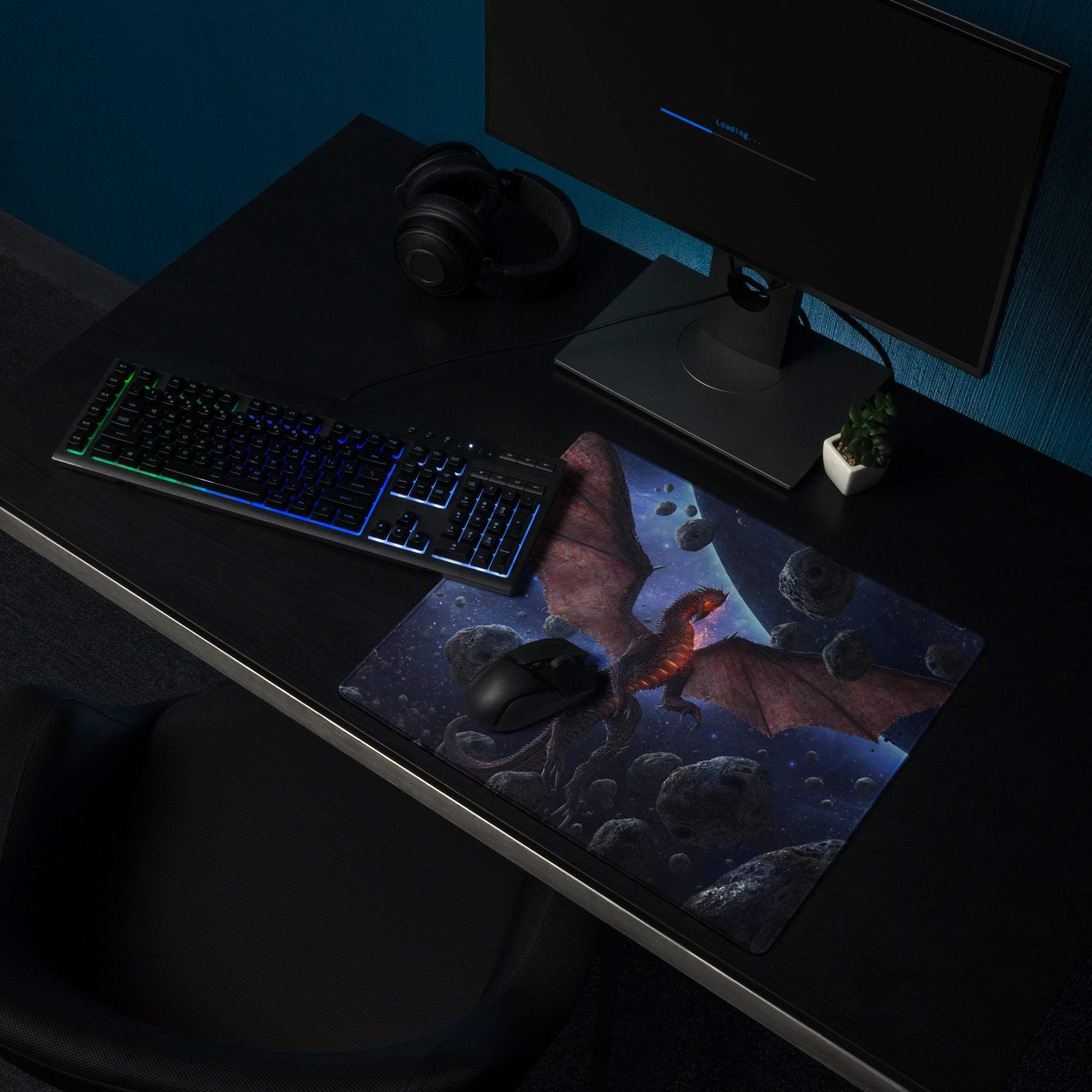 Vibrant red space dragon gaming mousepad soaring in starry cosmos